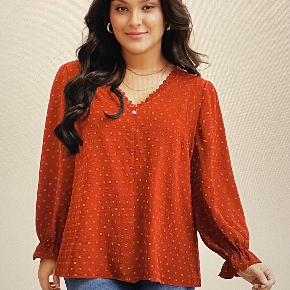 Bloomchic rust colored, long sleeved, textured shirt Stock photo included